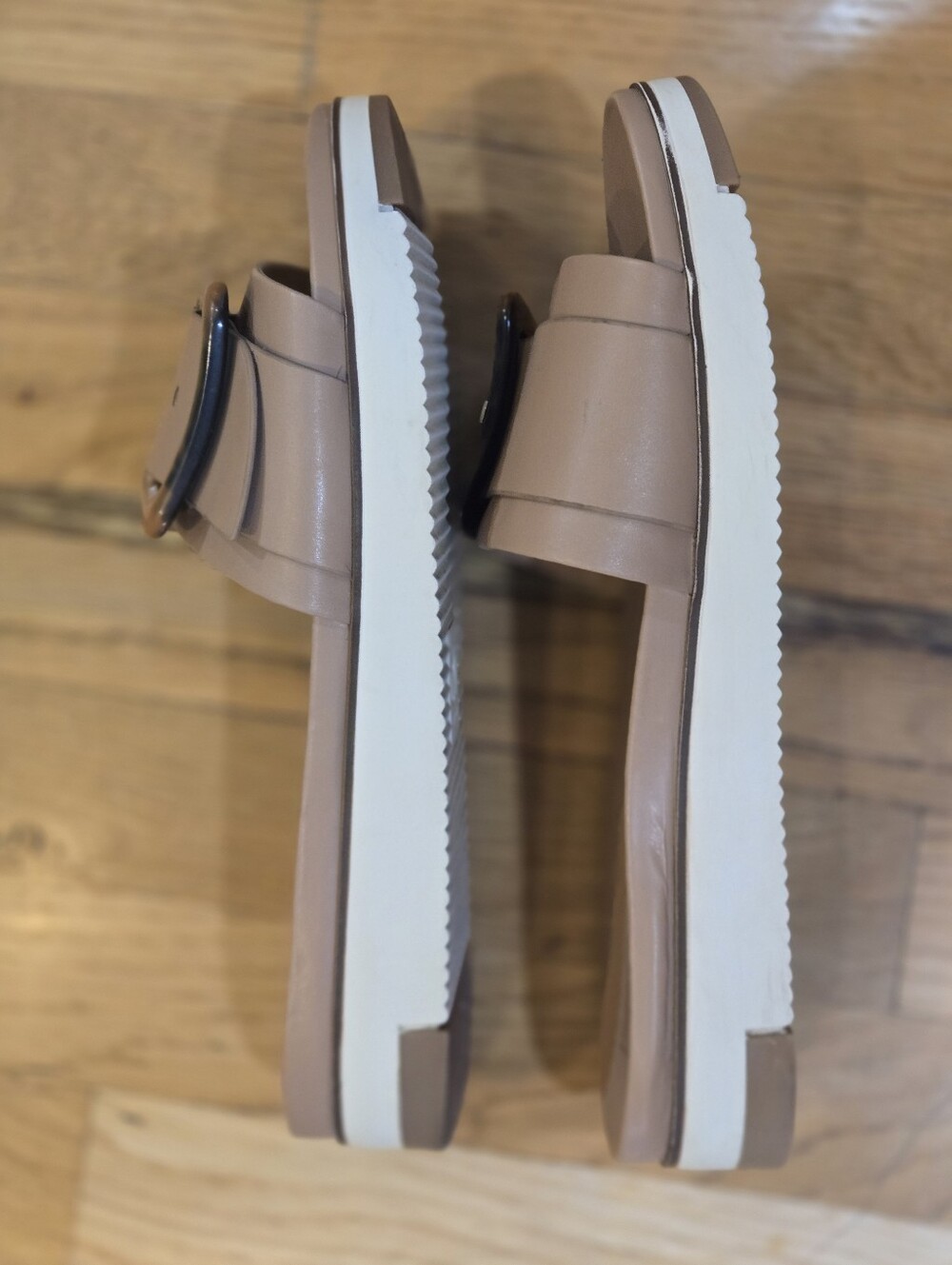 DV by Dolce Vita Taupe Slide Sandals with Tortoiseshell Buckle - Picture 3 of 8